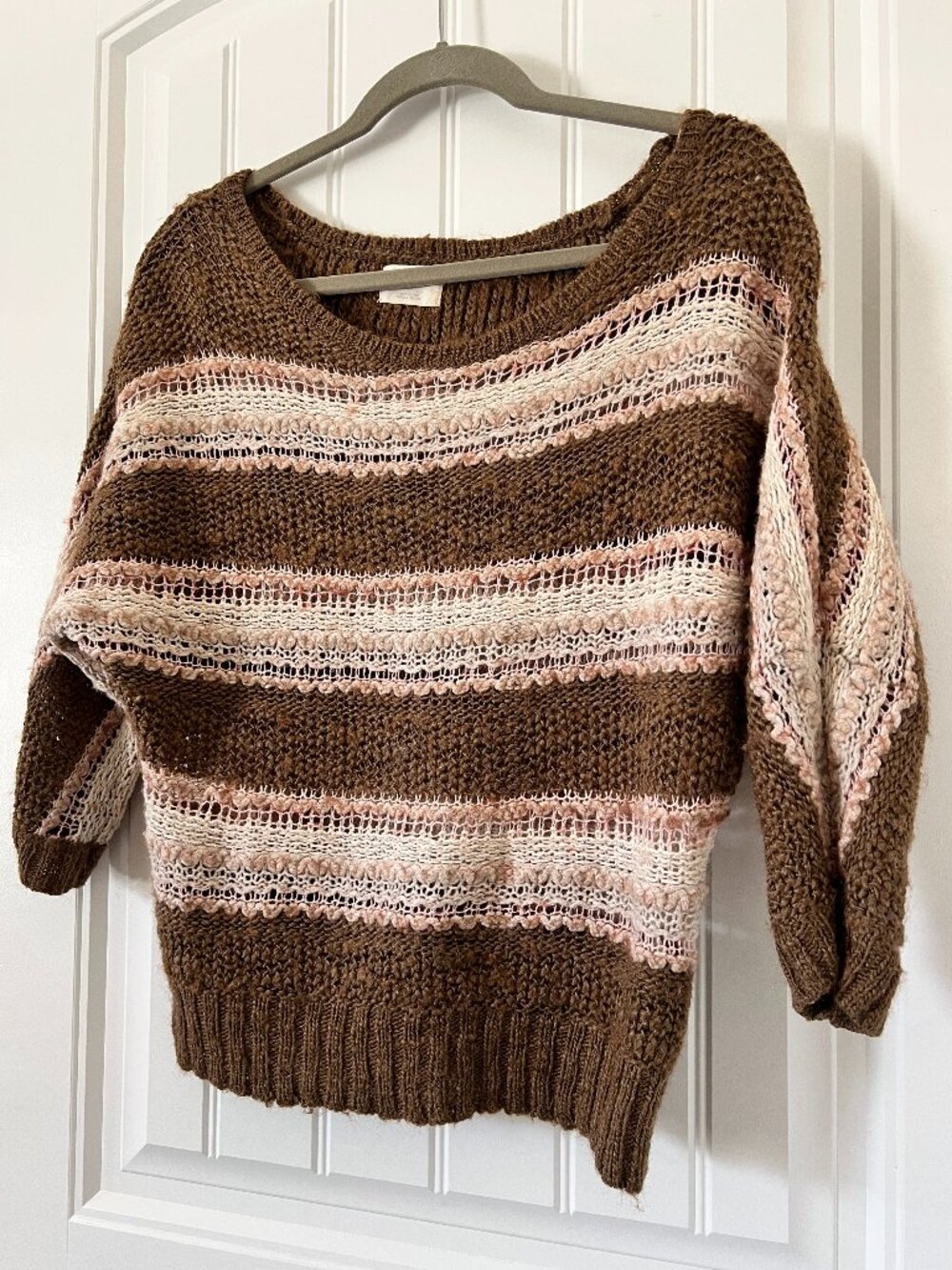 Aerie Open Knit Striped Slouchy Sweater Brown Pink Alpaca Wool Blend M Cozy